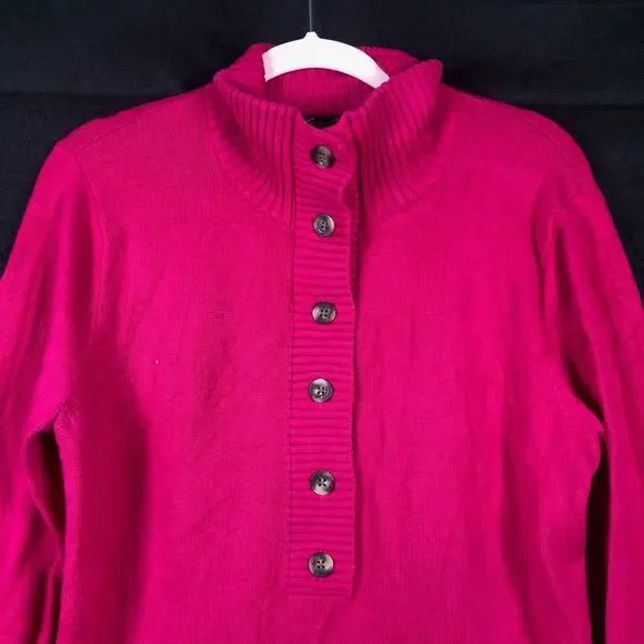 Eddie Bauer Womens Sweater Bright Pink Mock Neck 1/2 Button Long Sleeve Large - Picture 2 of 11